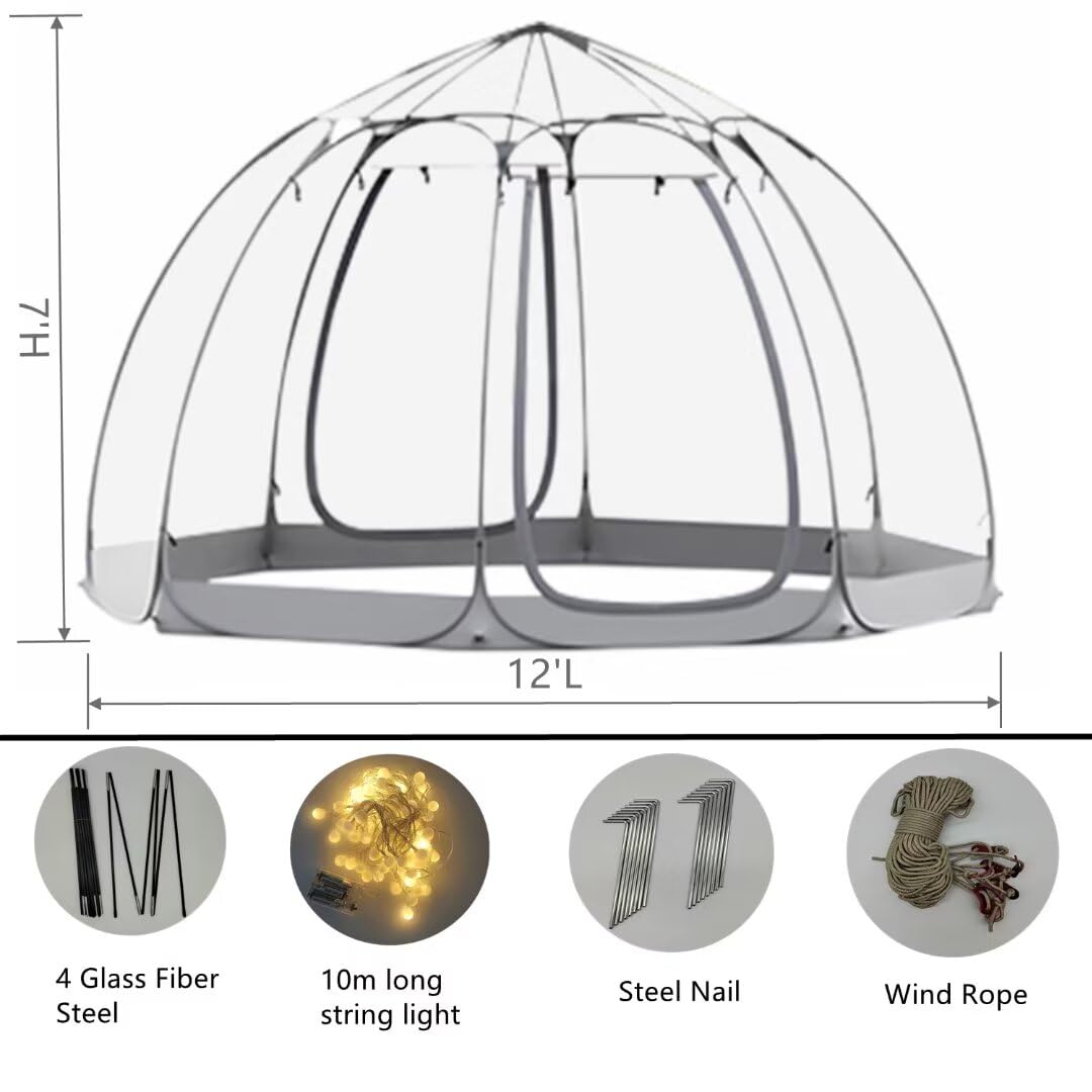 Screen Houses Pop-up Outdoor Camping Tent, 540 Degree Fully Transparent Non Dead Corner Gazebo (12 'x12')