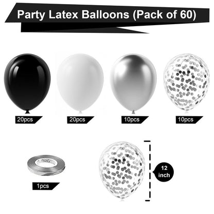 Bezente Black Silver Confetti Latex Balloons,60pcs 12 inch Black White Silver Metallic Chrome and Confetti Balloons for New Year Birthday Baby Shower Wedding Theme Party Decoration