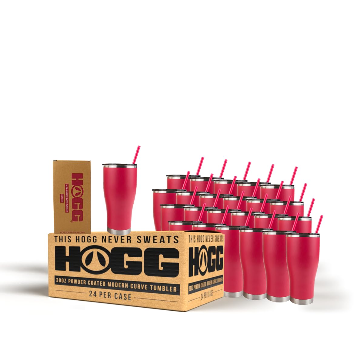 Hogg 30 oz Modern Curve Case (24 Units) - Hot Pink, Powder Coated Tumblers for Laser Engraving, Engravable Tumblers Bulk, Stainless Steel Cups Bulk, Insulated Cups with Lids and Straws
