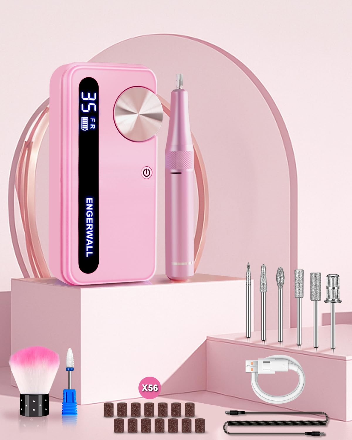 ENGERWALL Rechargeable Nail Drill 35,000 RPM, Portable Cordless Electric Nail File for Acrylic, Gel Nails, Polishing & Removal, with Nail Drill Bits Kit for Manicure & Pedicure, Pink
