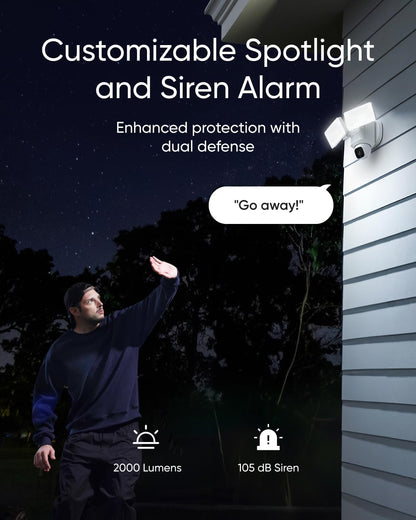 eufy Security Floodlight Camera E30, Security Camera Outdoor, 360° Pan and Tilt, AI Detection and Tracking, 2K Video, 2.4GHz Wi-Fi, 2,000 Lumens, Built-in Siren, 24/7 Recording，No Monthly Fee