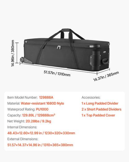 VEVOR Studio Equipment Trolley Case, 51.57 x 14.37 x 14.96 in / 131 x 36.5 x 38 cm, Rolling Camera Bag, Carrying Bag with Wheels Straps Padded Compartment Handle, for Light Stands, Tripods, Telescopes