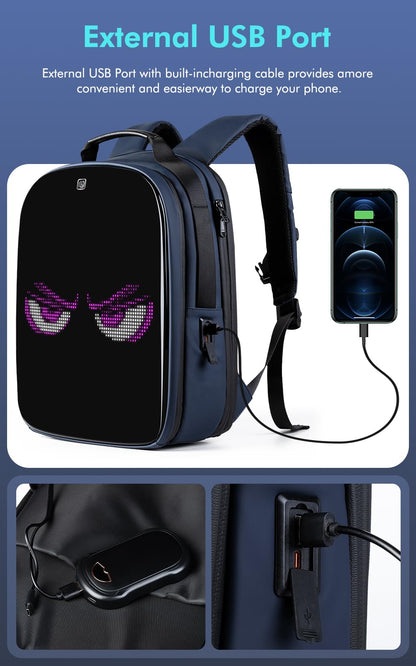 Gelrova LuminaPack X1 LED Backpack with Customizable Display, Expandable 20L to 25L, 15.6 Inch Laptop Compartment, Anti-Theft Design, Lightweight Hard Shell for Travel