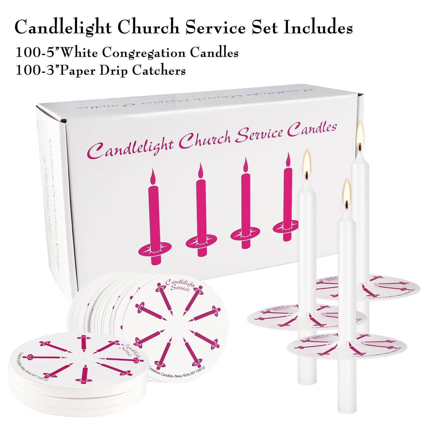 100pcs Church Chime Taper Candle for Altar Meditation Supplies Rituals,Religion,Shabbat,4 Inch Tall Unscented and Smokeless with Drip Protectors (White)