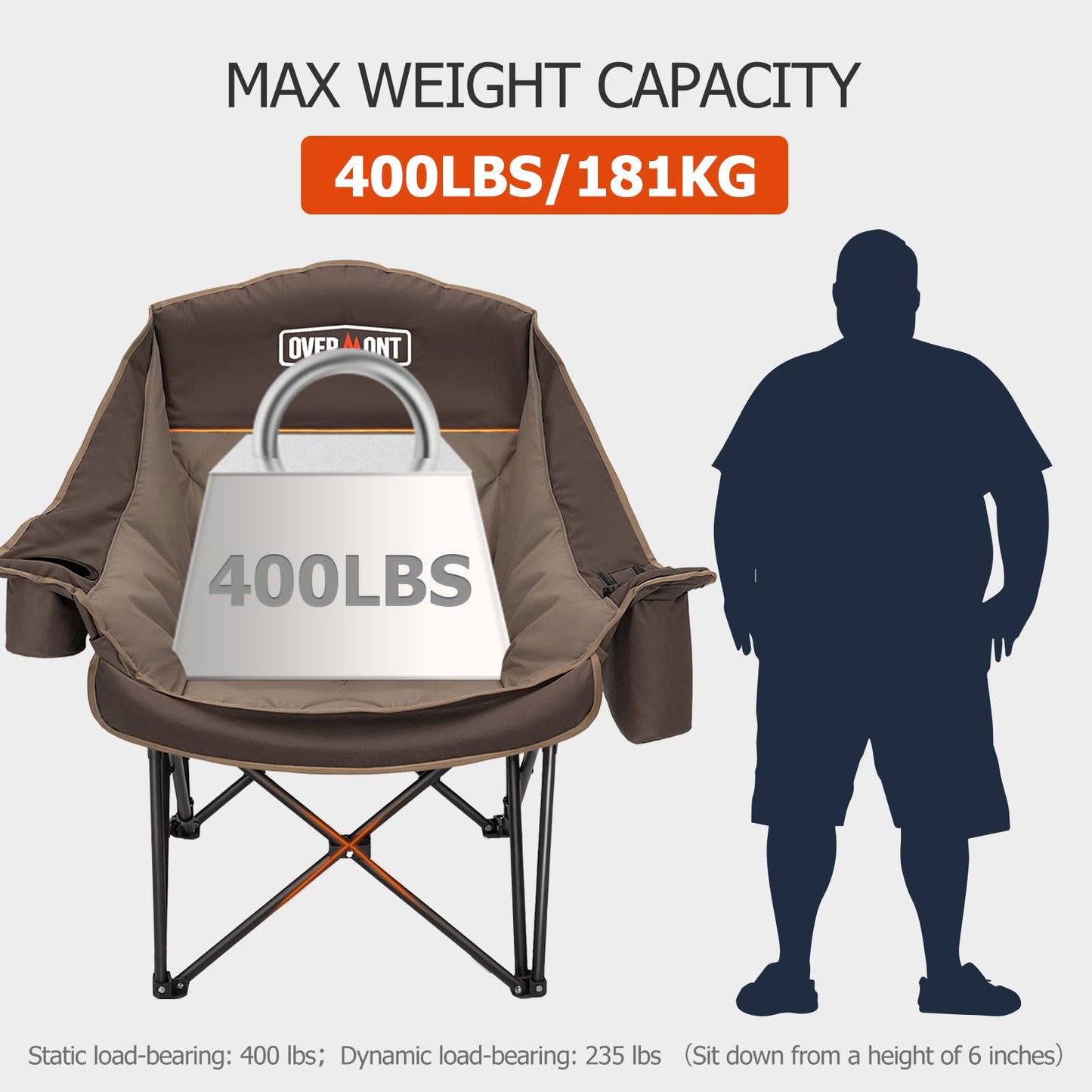 Overmont Oversized XL Camping Chair for Adults - 500lbs Support Heavy-Duty Padded Folding Chair with Side Pocket Cup Holder Cooling Bag for Outdoor Sports Garden Beach Fishing Lawn Khaki