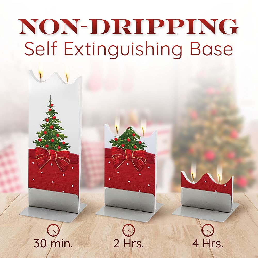 FLATYZ Handmade Christmas Candle - Classic Tree & Ornaments | Unscented, Drip-Resistant & Smoke-Free 2 Wick Candle for Home & Room Decor | Hand Painted, Flat Decorative Candles | Steel Stand Included