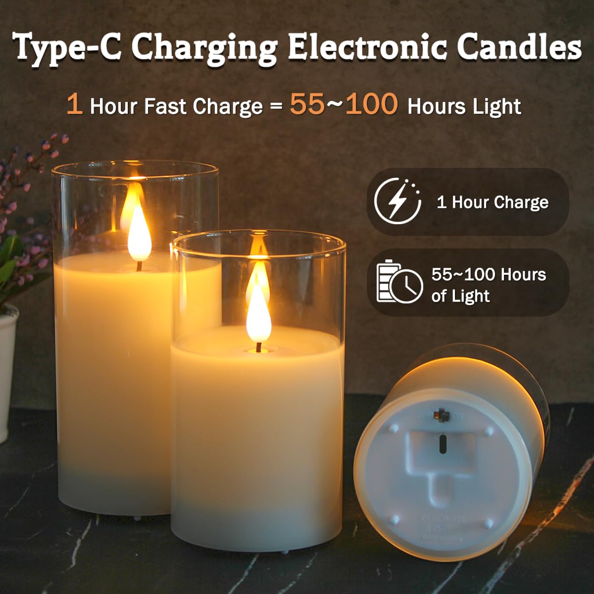 LEDHOLYT Rechargeable Flameless Glass Pillar Candles–Gifts for Women,–Set of 3, Realistic Flickering LED Light,Remote & Timer, Ideal for Living Room, Bedroom & Festival Wedding Home Party Decor