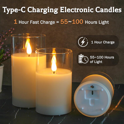 LEDHOLYT Rechargeable Flameless Glass Pillar Candles–Gifts for Women,–Set of 3, Realistic Flickering LED Light,Remote & Timer, Ideal for Living Room, Bedroom & Festival Wedding Home Party Decor