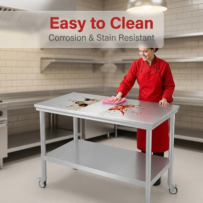 FITHOW Stainless Steel Pulley Workbench with Casters, 20 * 40 inches Commercial Heavy-Duty Workbench and Prep Table with Lower Shelf, Suitable for Restaurant Kitchens, Outdoor barbecues and garages