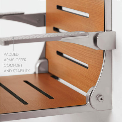 Seachrome Silhouette Comfort Folding Wall Mount Shower Bench Seat with Arms, Teak Seat with Silver Frame