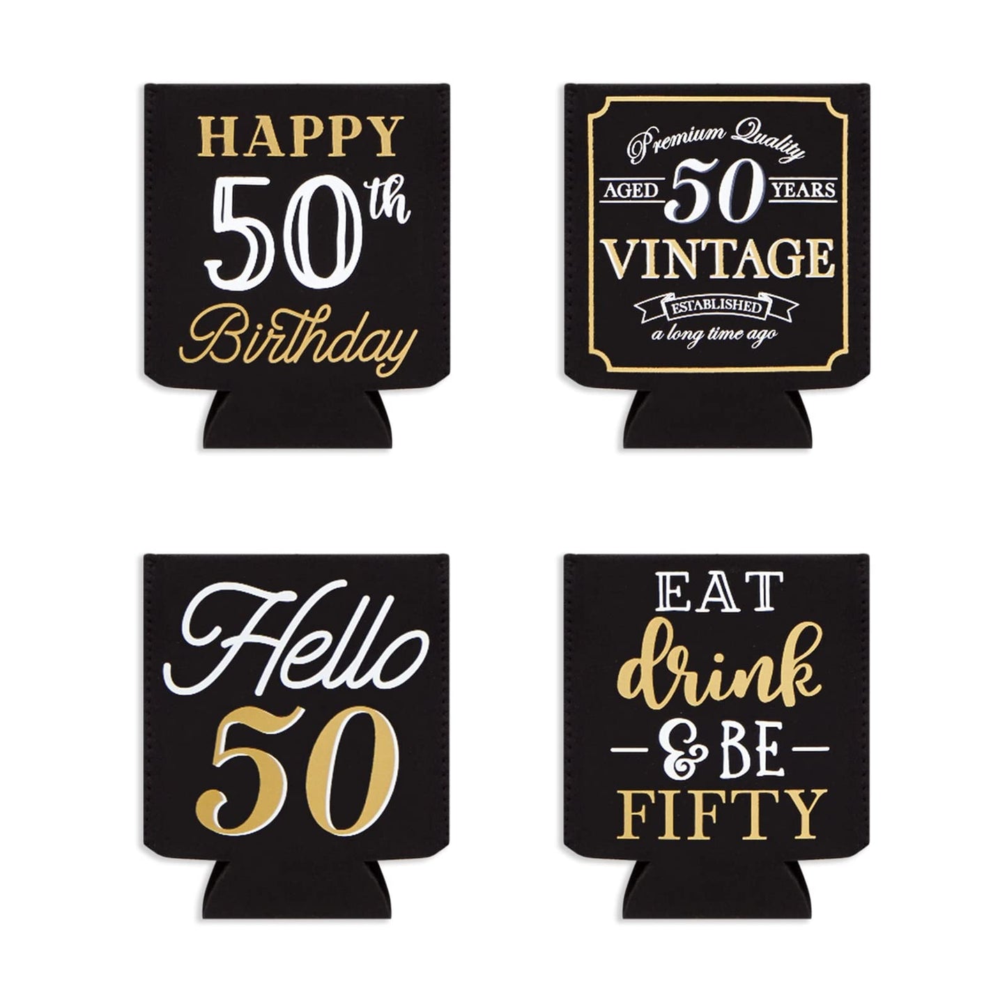 Sparkle and Bash 50th Birthday Can Cooler Sleeves - Medium, Black & Gold, 12-Pack - Insulated Neoprene Holder for 12 Oz Cans, 50th Birthday Party Favors & Decorations