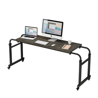 TigerDad Tilt Overbed Table with Wheels, Height Adjustable Rolling Desk for King Queen Bed, Tilting Laptop Cart Mobile Computer Workstation, Dekuwood