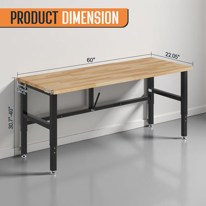 SPECRAFT 60" Folding Workbench, Adjustable Foldable Workbench with 2000 LBS Capacity, 30.7"-40" Height, Rubber Wood Top for Garage, Workshop, Office