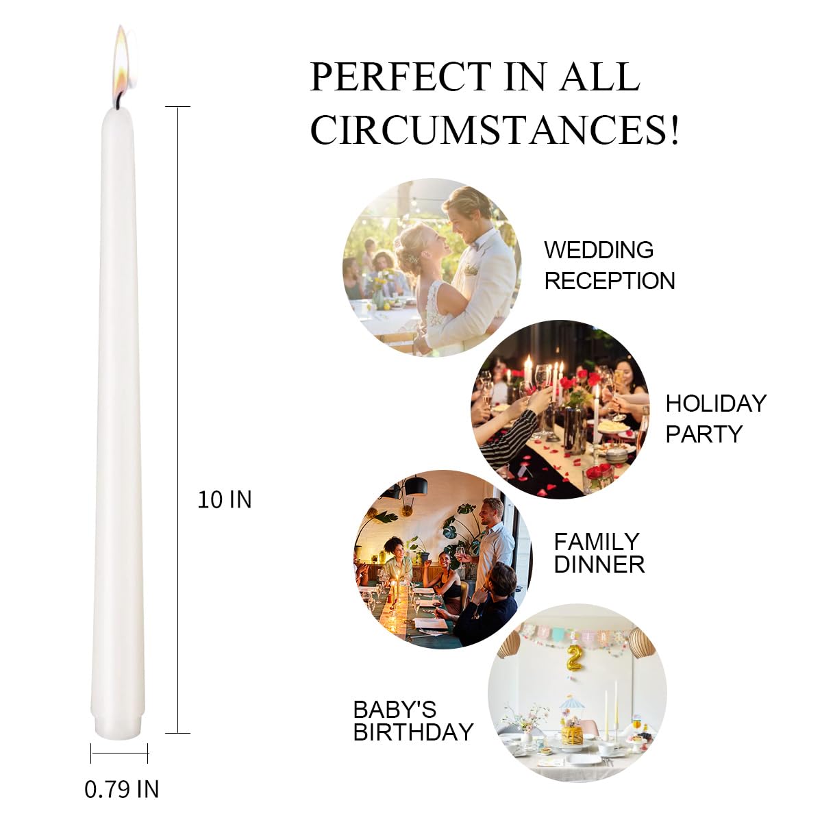 Taper Candles 10 inch (H) Dripless, Set of 20 White Unscented and Smokeless Taper Candles Long Burning, Paraffin Wax with Cotton Wicks for Burning 8 Hours Time