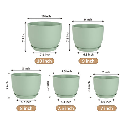 YNNICO Plant Pots 10/9/8/7.5/7 inch Flower Pots with Multi Mesh Drainage Holes, Planters for Indoor Outdoor Garden Plants and Flowers. (Green)