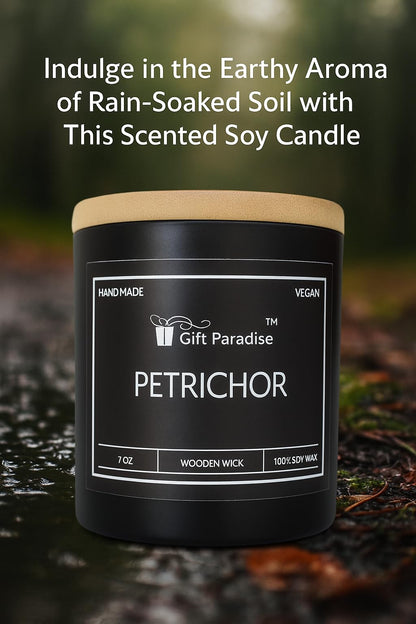Gift Paradise® After Rain Candle (Petrichor) – 7 oz Soy Wax Candle with Wooden Wick, Fresh Earthy Rain Scent, Long Lasting Burn, Calming Nature Aroma, Luxury Glass Jar Gift for Home & Office