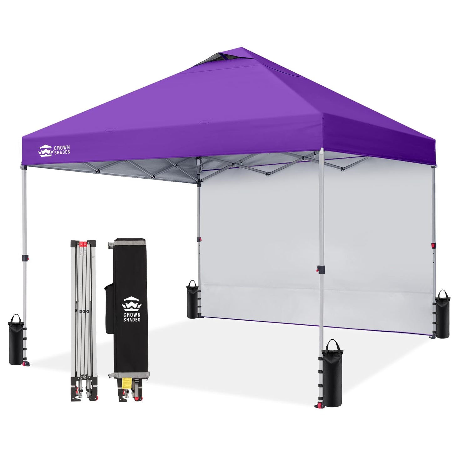 CROWN SHADES 10x10 Pop Up Canopy with 1 Side Wall - Beach Tent with One Push Setup - Outdoor Sun Shade for Events, Parties, Camping - Gazebo with STO-N-Go Cover Bag (Purple)