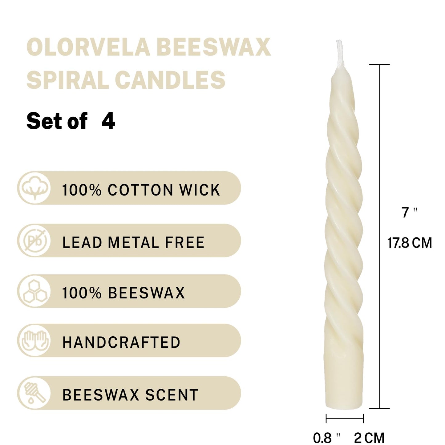 Beeswax White Spiral Candles 7", Natural Beeswax Taper Candle Twisted Taper Candles Set of 4,Dripless White Candlesticks,Clean Burning Unscented Candle Sticks for Christmas Home Dinner Wedding