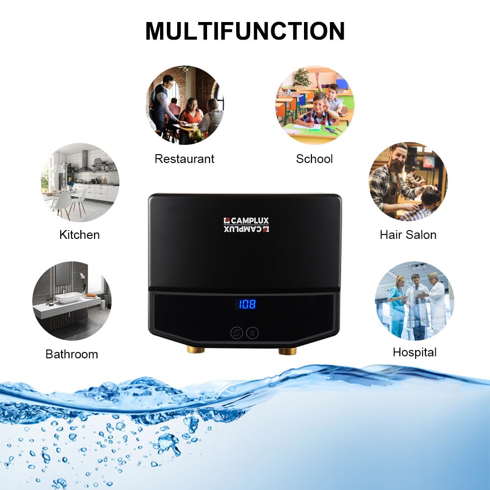 CAMPLUX Tankless Water Heater Electric 3.5kW 120V, Point-of-Use Hot Water Heater Digital Display, Self-modulating, Overheating Protection, Black