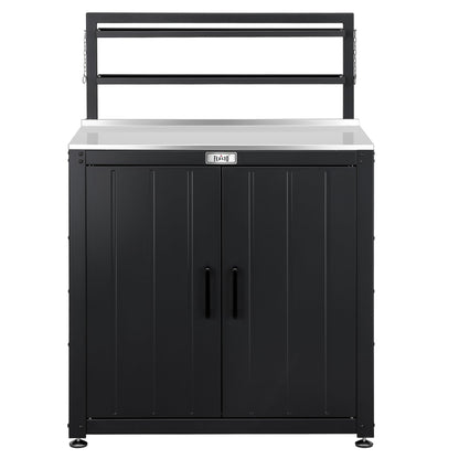 Feasto Outdoor Potting Bench Table with Storage Cabinet, Stainless Steel Garden Workstation, Raised-Edge Top, Adjustable Shelf & Removable Hutch for Patio, Balcony & Outdoor Workspace, Black
