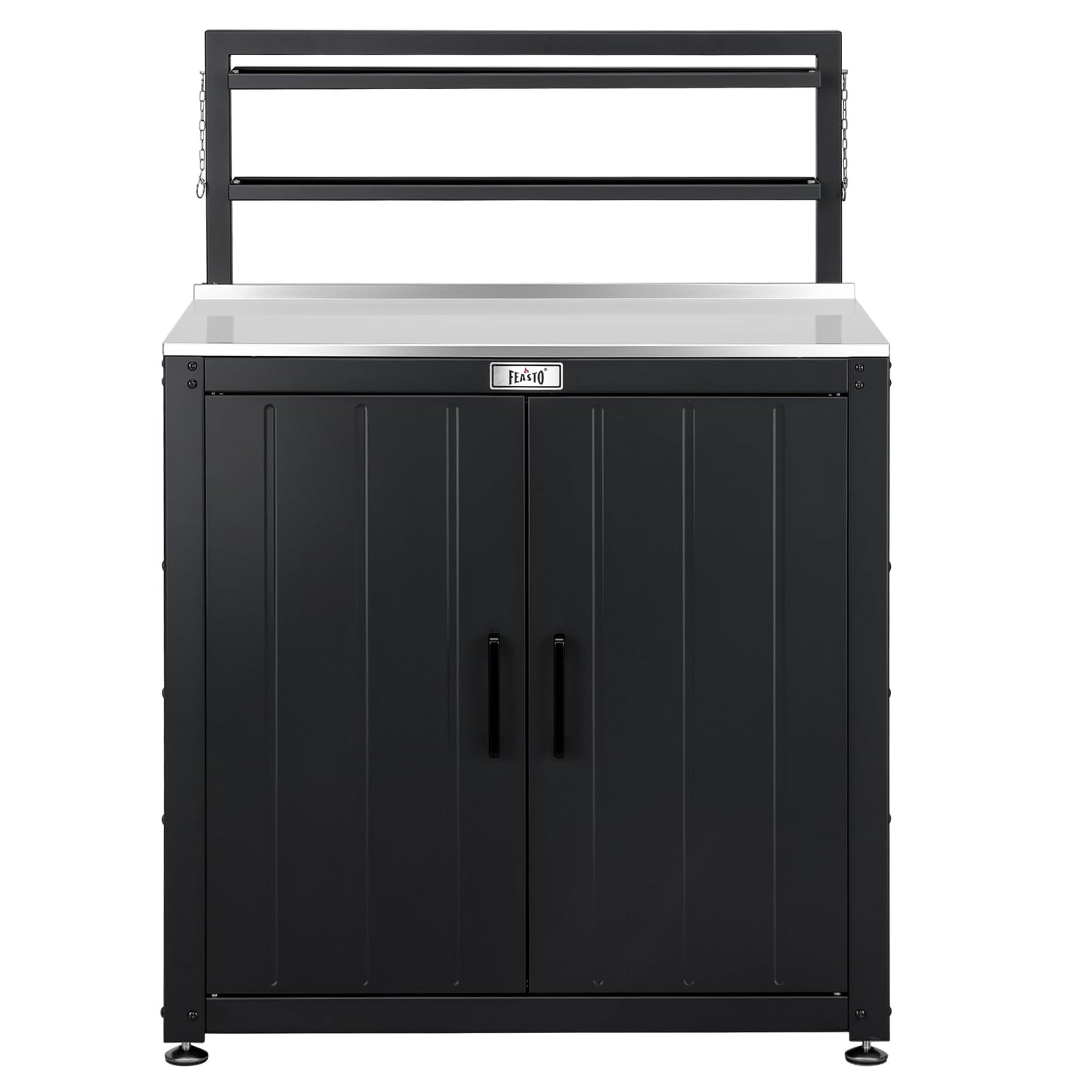 Feasto Outdoor Potting Bench Table with Storage Cabinet, Stainless Steel Garden Workstation, Raised-Edge Top, Adjustable Shelf & Removable Hutch for Patio, Balcony & Outdoor Workspace, Black
