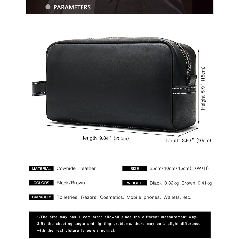 Glorixen Cowhide Travel Toiletry Bag for Men - Water-Resistant Shaving Dopp Kit & Cosmetic Organizer, Unisex Grooming Bag (brown)