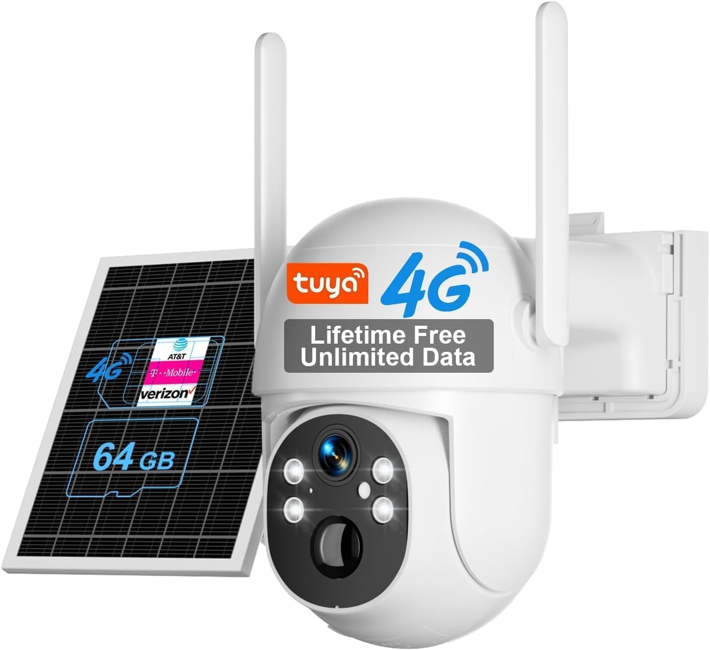 SANSCO 4G LTE Cellular Solar Security Camera, Lifetime Free Unlimited Data, No Monthly Fee, No WiFi Wireless Outdoor Cam, 2K Color Night Vision, 360° PTZ, 2-Way Audio, Built-in SIM, 64G TF Card, TUYA