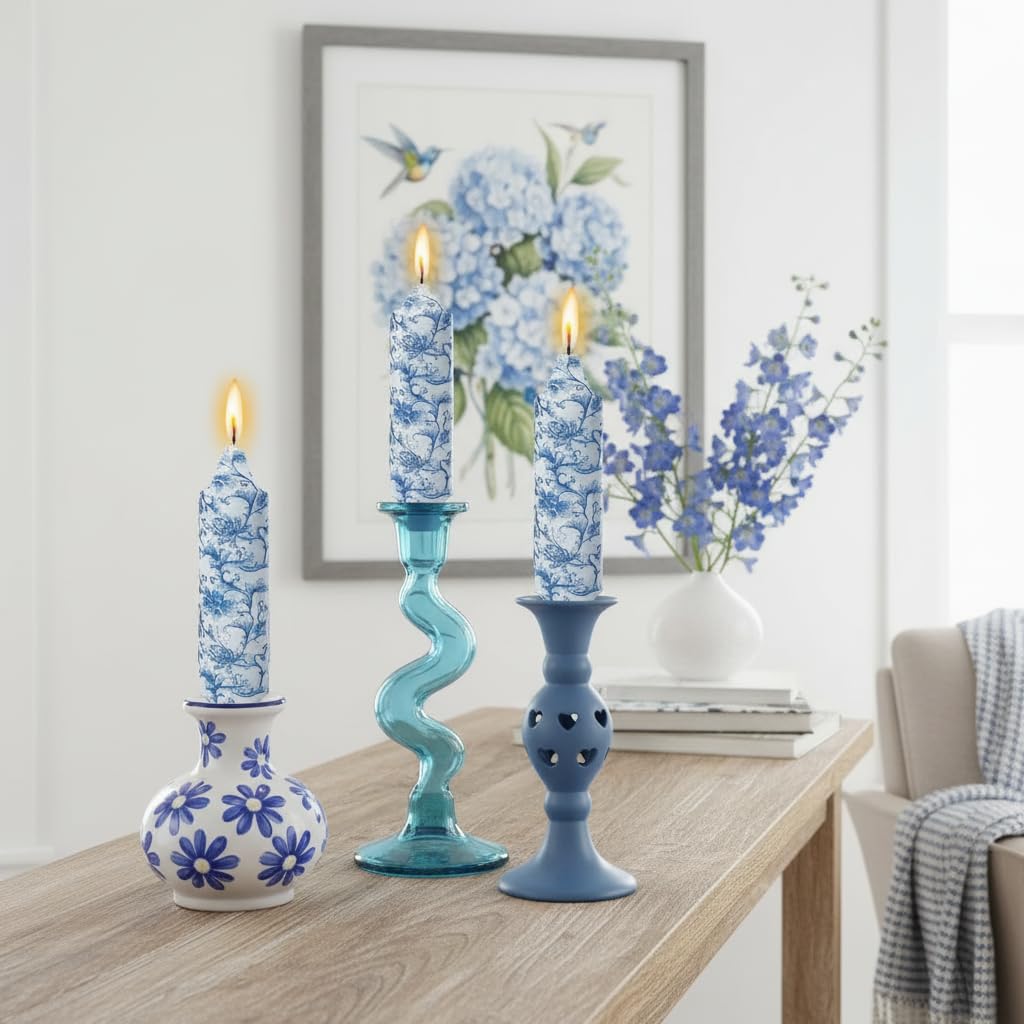 5 Inch Blue Flowers Chunky Taper Candles Short Handmade Blue and White Candle Sticks Smokeless Unscented Tapered Candles for Blue Wedding Present Spa Meditation Housewarming Home Decoration