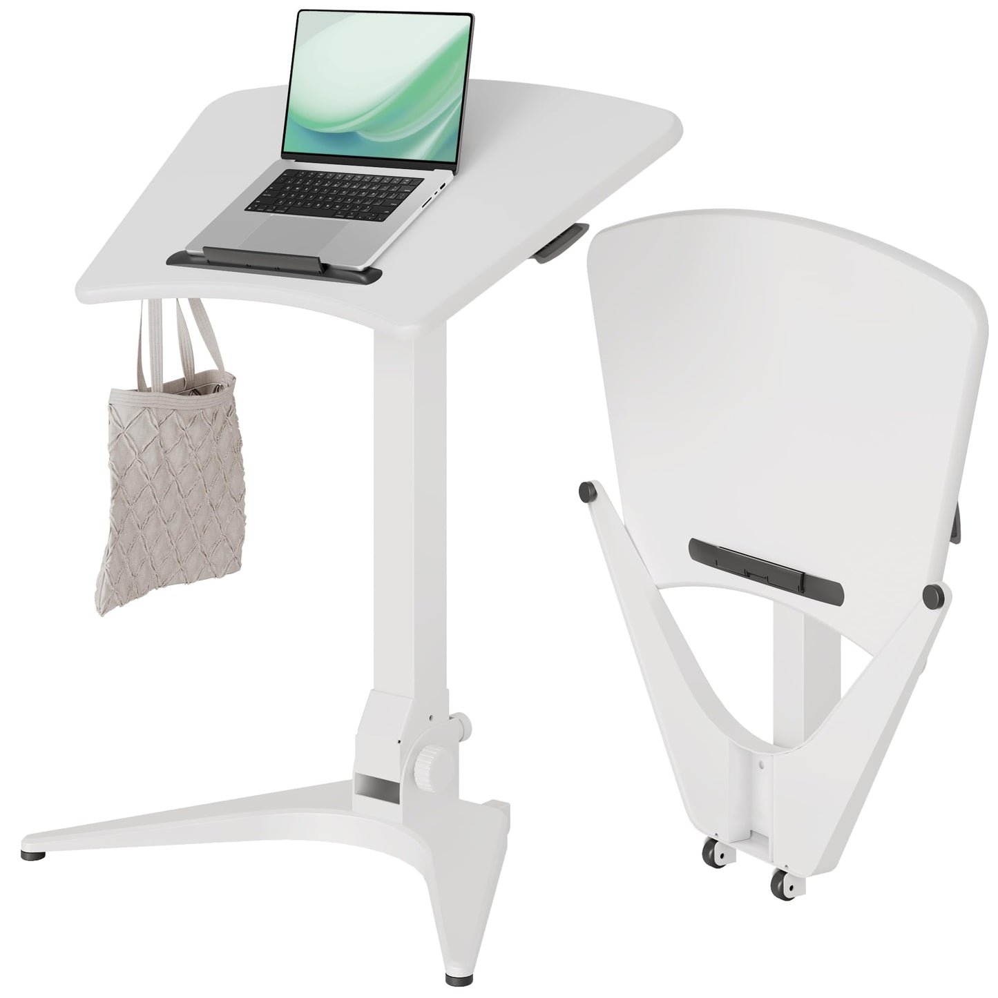 Claiks Mobile Standing Desk, Portable Rolling Workstation With Wheels, Pneumatic Height Adjustable Sit-Stand With 90 Tiltable, Foldable Non-Slip Computer Stand, White