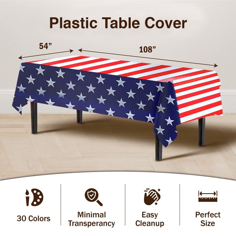 Party Solids Pack Of 6 Premium Rectangle American Flag Design Plastic Tablecloth - USA Stars and Stripes Tablecloth Disposable Plastic Table Cover for July 4th - 54 inch. x 108 inch