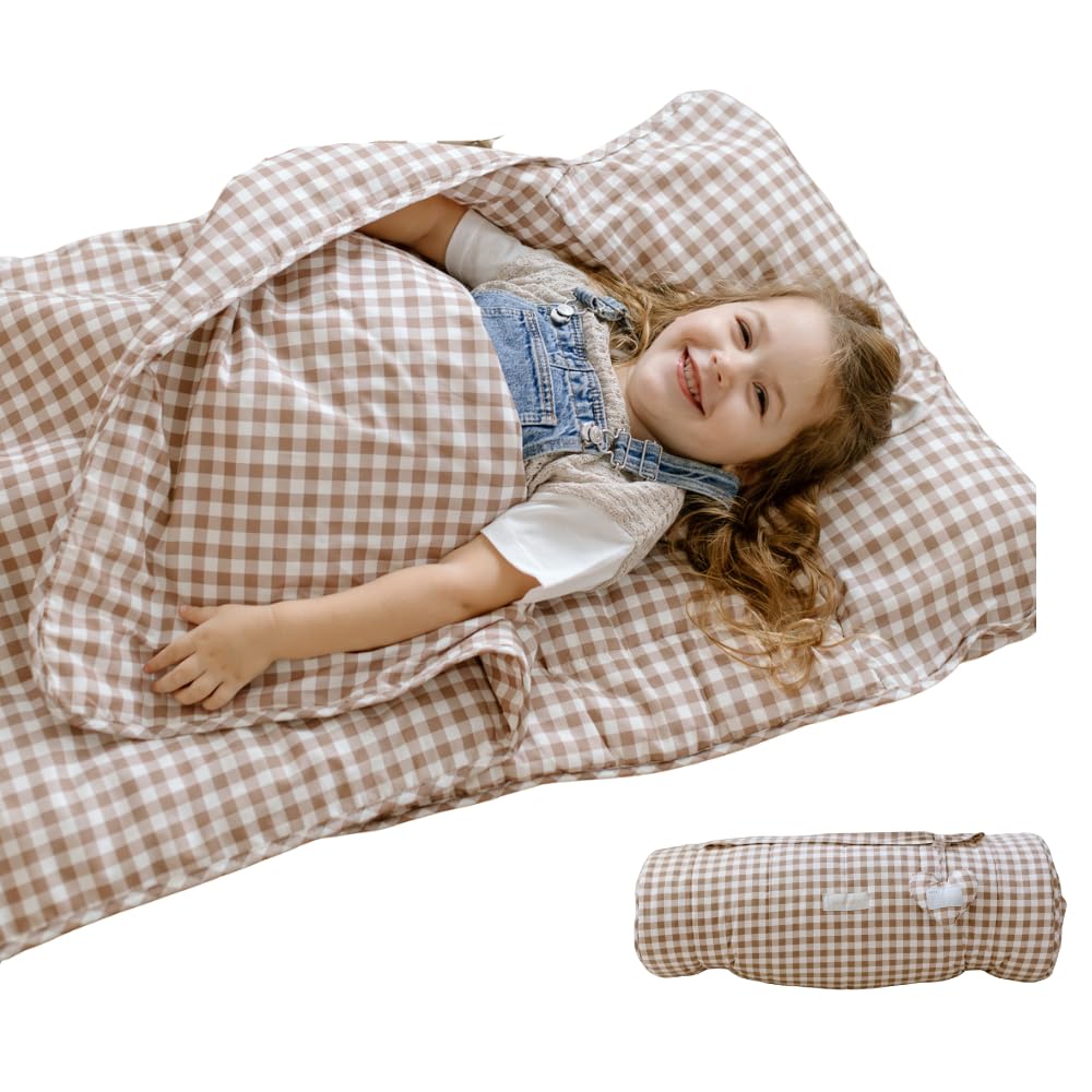 Bloomere Organic Toddler Nap Mat – 100% Cotton Fabric Kids Washable Sleeping Mat & Detachable Pillow – Sleeping Bag with Soft 1.5” Pad – Nap Mat for Daycare, Preschool, & Sleepovers (Brown Gingham)