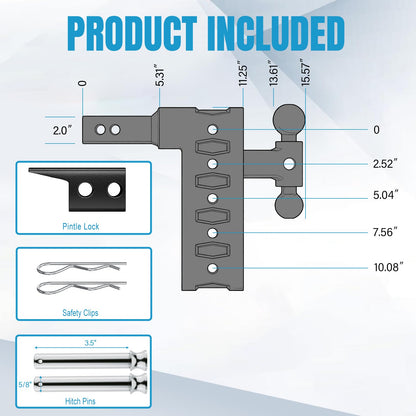 Trailer Hitch Fit 2-Inch Receiver, Drop Hitch 10" Drop & Rise, Adjustable Tow Hitch for Trucks 8000 LBS Towing Capacity with 2"& 2-5/16" Dual Ball Mount, Includes Pintle Lock & Hitch Pins & Clips