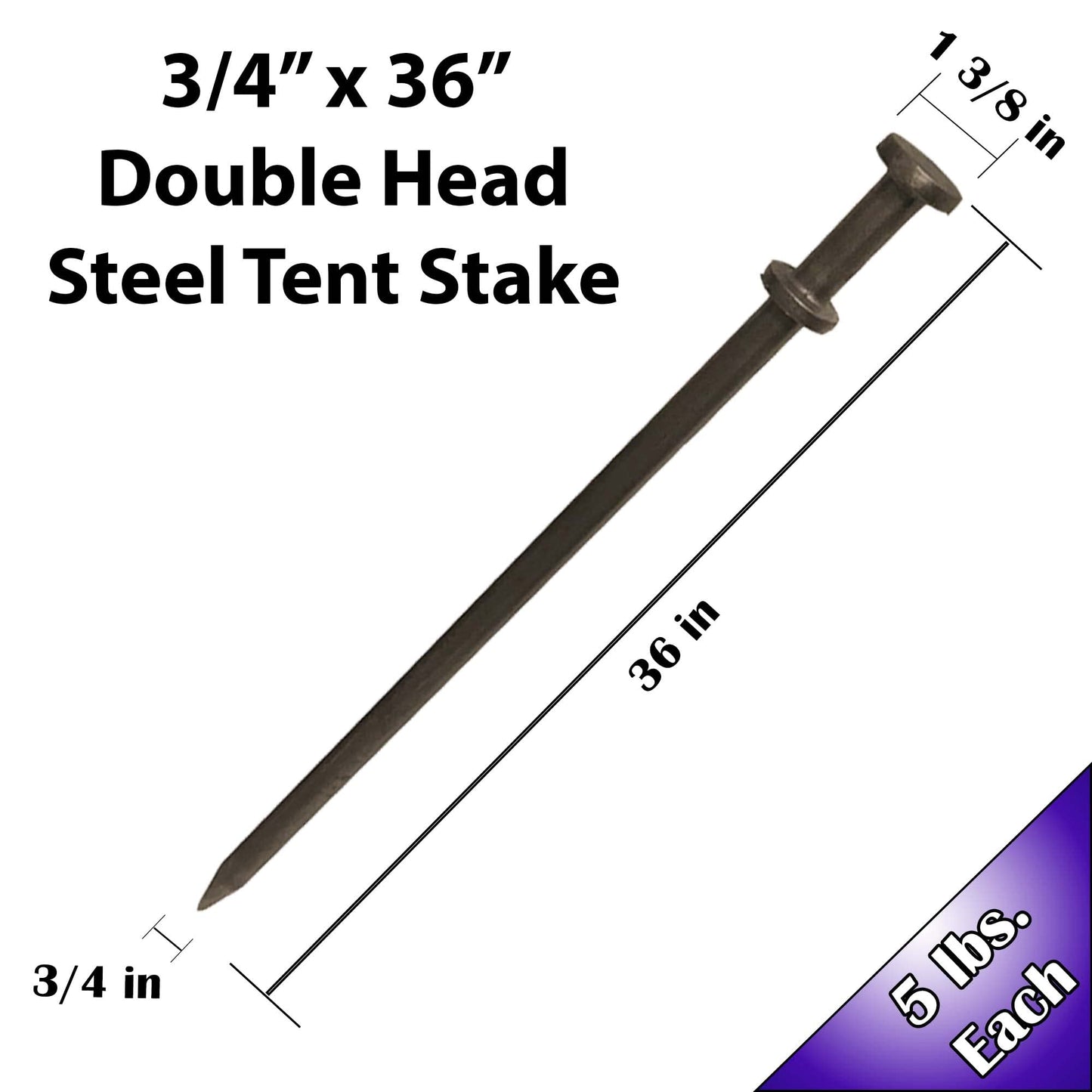 Moose Supply Double Head Tent Stakes, Heavy Duty Steel Outdoor Ground Spikes to Anchor Commercial Inflatables, Party Tents and Camping Shelters, 3/4 Inch x 36 Inch, Pack of 4