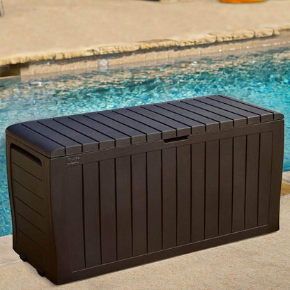 Suncast 22 Gallon Small Resin Storage Seat, Java, SSW600J & Keter Marvel Plus 71 Gallon Resin Outdoor Box for Patio Furniture Cushion Storage, Brown