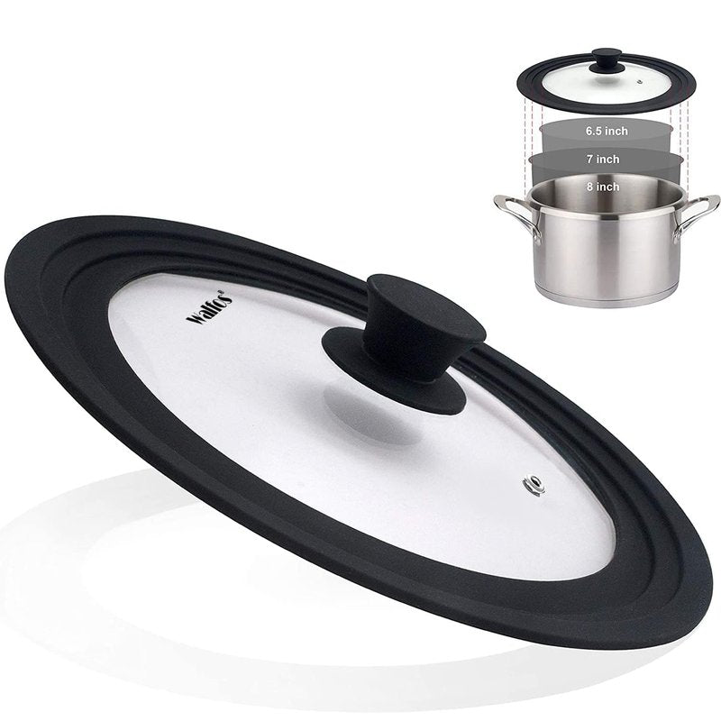 Universal Lid for Pots, Pans and Skillets & Frying Pan - Small Pan lids Fits 6.5", 7" and 8" Diameter Cookware - Tempered Glass with Heat Resistant Silicone Rim