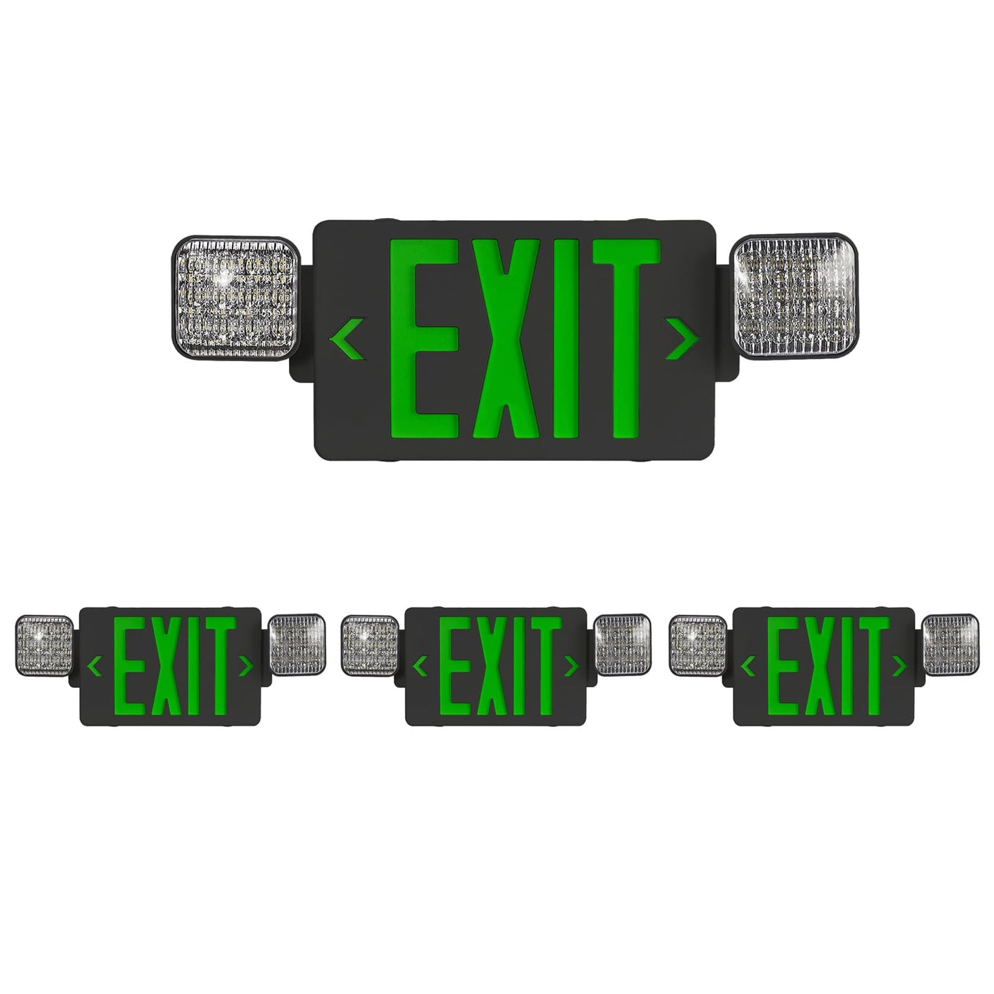 CM MZY Black Housing Exit Sign with Emergency Light, Green Exit Signs with Battery Backup, Exit Light Combo for Business, Two Adjustable Square Head,US Standards,UL Certified, 120V/277V AC, 4 Pack