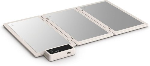 Bella Fold & Store Warming Tray - Adjustable Temperature & Timer | Compact 24.8” to 8.3” Wide, Auto Shutoff, Stainless Steel Pads, 300 Watt, Oatmilk