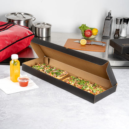 Restaurantware Eco Pie 24 x 12 x 2 Inch Flatbread Takeaway Boxes 50 Sturdy Corrugated Pizza Boxes - E-Flute Design Tab-lock System Black and Kraft Paper Pizza Boxes Disposable For Flatbreads