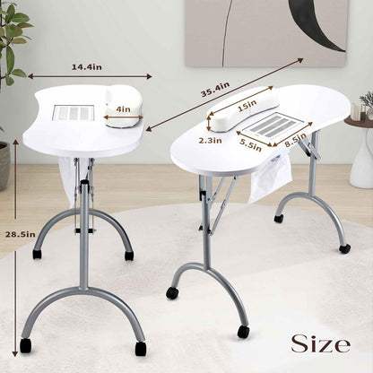 Faquenc Nail Desk with Nail Dust Collector,Portable Nail Table Rolling Manicure Table Nail Tech Travel Nail Station Professional Folding Nail Salon Table with Cacuum,Arm Rest,Lockable Wheels,Bag,White