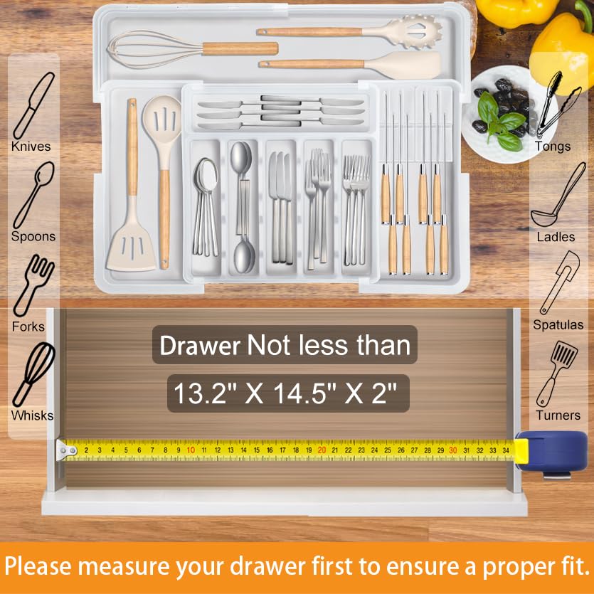 Homecor Silverware Organizer - Expandable Large Kitchen Drawer Organizer Utensil Organizer with 2 Removable Knife Blocks, 22"x 19"Cutlery Tray Drawer Dividers for Kitchen Flatware(6-9 Slots) (Black)