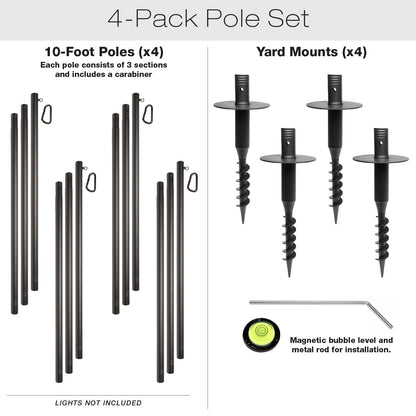 EXCELLO GLOBAL PRODUCTS Premium String Light Poles - 4 Pack - Extends to 10 Feet – Yard Mount (Grass/Dirt)