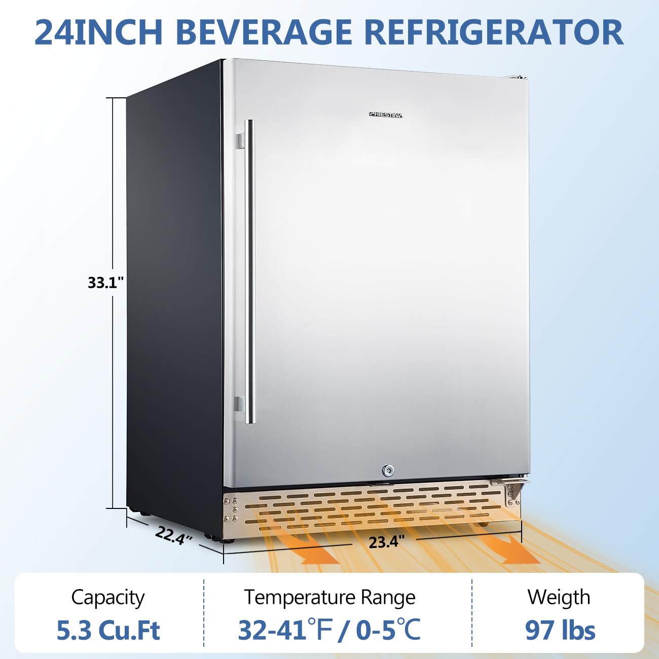 Phiestina Beverage Refrigerator 24Inch, 175 Cans Indoor/Outdoor Undercounter Beverage Cooler Refrigerator Stainless Steel Beer Fridge with Safety Lock Built-in/Freestanding-Silver Foam Door