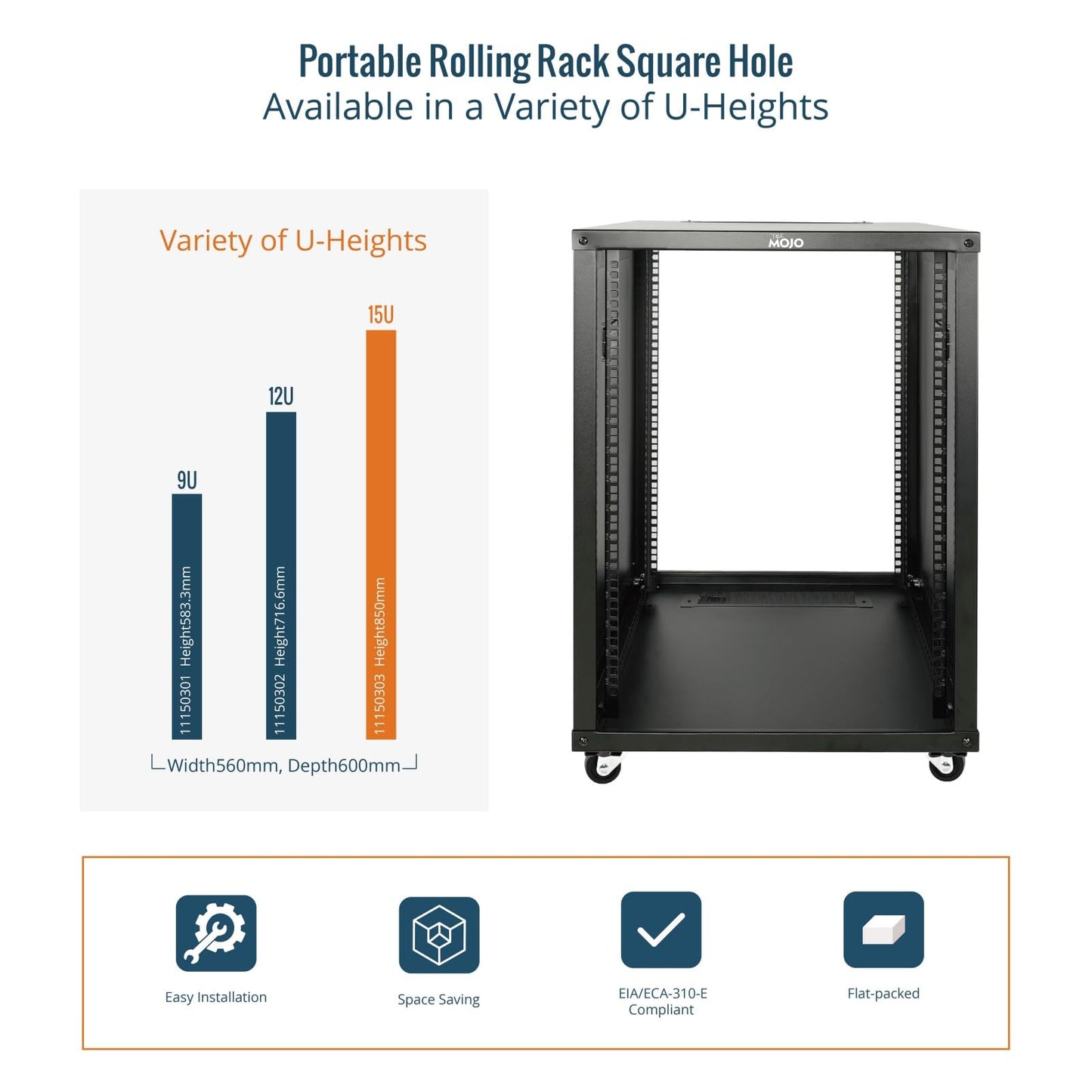 Tecmojo 15U Portable Rolling Network Rack, 4-Post Mobile Open Frame Server Rack with Wheels, Free Standing Server Cabinet for Computer/Data/AV/IT Equipment/Network Equipment