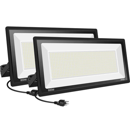 Sunkkes 2 Pack 800W LED Flood Light Outdoor,Super Bright FloodLight with Plug,80000LM 5000K Daylight White IP66 Waterproof Commercial Lighting for Sports Fields,Counts,Arena,Stadium