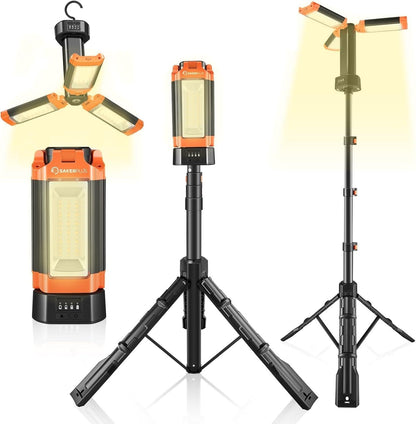 SakerPlus Portable Camping Light with Stand, 20000mAh Outdoor Work Light 800-3200 Lumen, 6.1ft Height with Detachable Tripod, 3300-6500K Dimmable LED, Camping Essentials Gear Emergency Flashlight