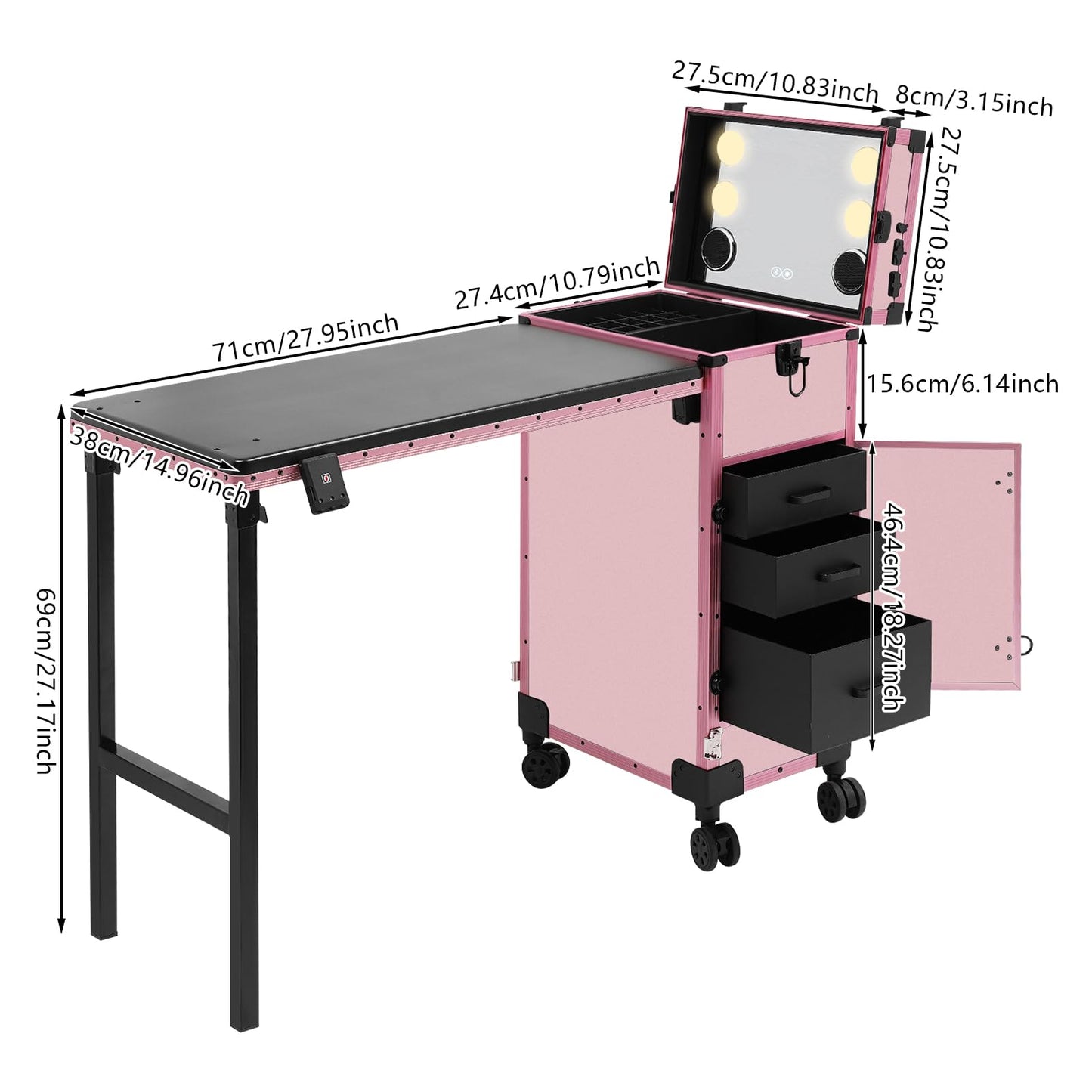 faoeqqEga 3 Tier Rolling Makeup Case w/Mirror, 110 Lbs Foldable Beauty Station w/Lighted Vanity, Aluminum Frame Travel Cosmetic Organizer for Stylist & Salon (Pink)