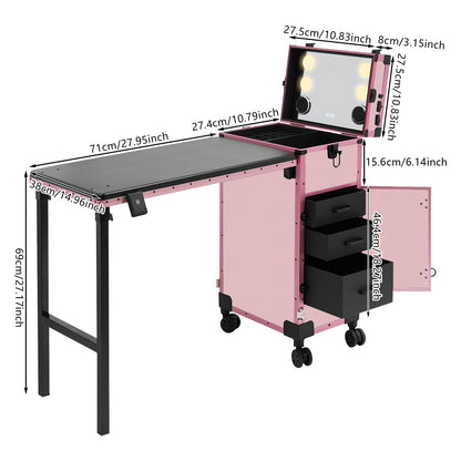faoeqqEga 3 Tier Rolling Makeup Case w/Mirror, 110 Lbs Foldable Beauty Station w/Lighted Vanity, Aluminum Frame Travel Cosmetic Organizer for Stylist & Salon (Pink)