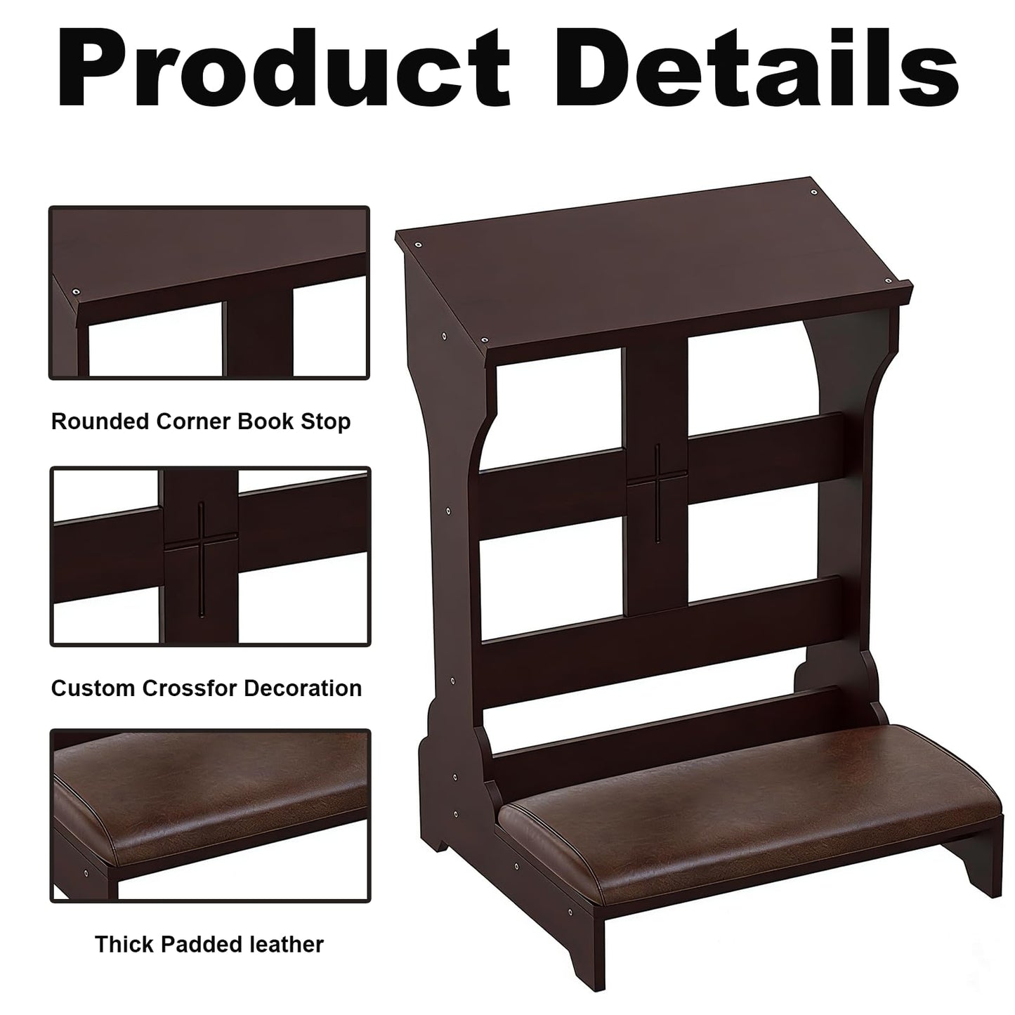 Jeracino Prayer Kneeler, Wooden Kneeling Bench with Foldable Design, 23" L x 20" W x 36" H, Folding Prayer Bench with Padded Cushion, Portable Prayer Bench, Brown Wood Color