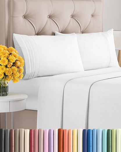 King Size 4 Piece Sheet Set - Ultra Soft Cooling Bed Sheets | Fits 8-16 Inch Mattresses - Wrinkle-Free, Fade-Resistant Bright White