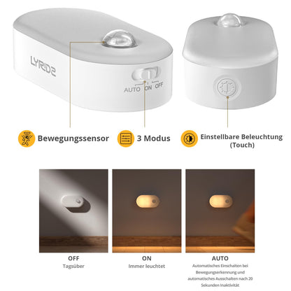 Lyridz Dimmable Night Light with Motion Sensor, Warm White LED Night Light, Battery, Rechargeable, USB-C, Self-Adhesive Cabinet Lighting, Orientation Light for Children's Room, Bedroom, Kitchen,
